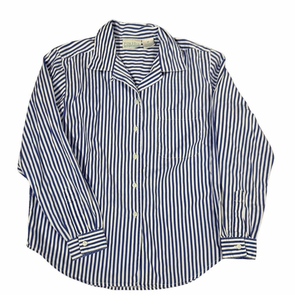 Vintage For Her Blue Stripe Pajama Style 100% Cotton Preppy Button Down Shirt